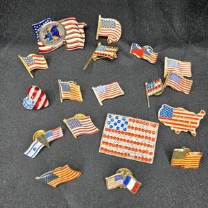 18pc Americana Pin Lot Signed Christopher Radko Heart Brooch Flag Lapel Pins